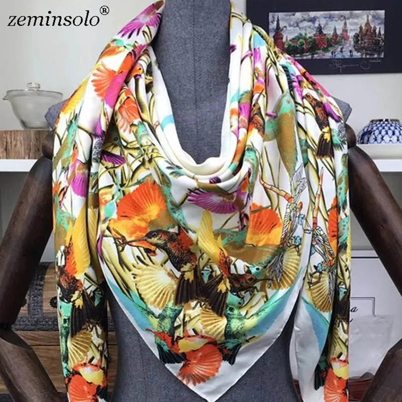 100% Silk Scarf for Women Large Shawls Floral Print 130x130cm