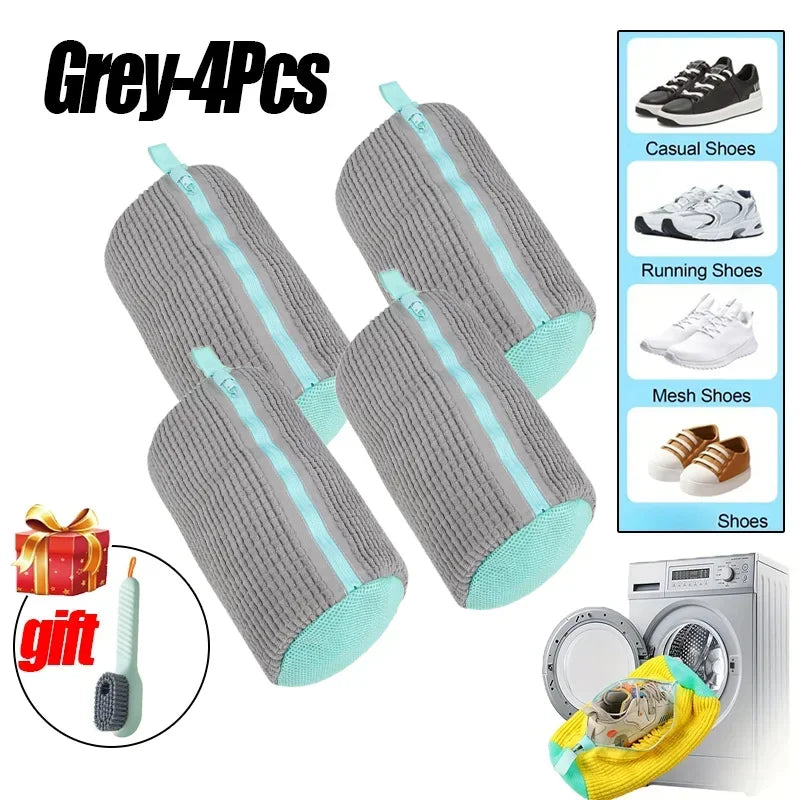 Four pairs of gray socks with teal accents on a white background, with additional images of shoes and a washing machine.