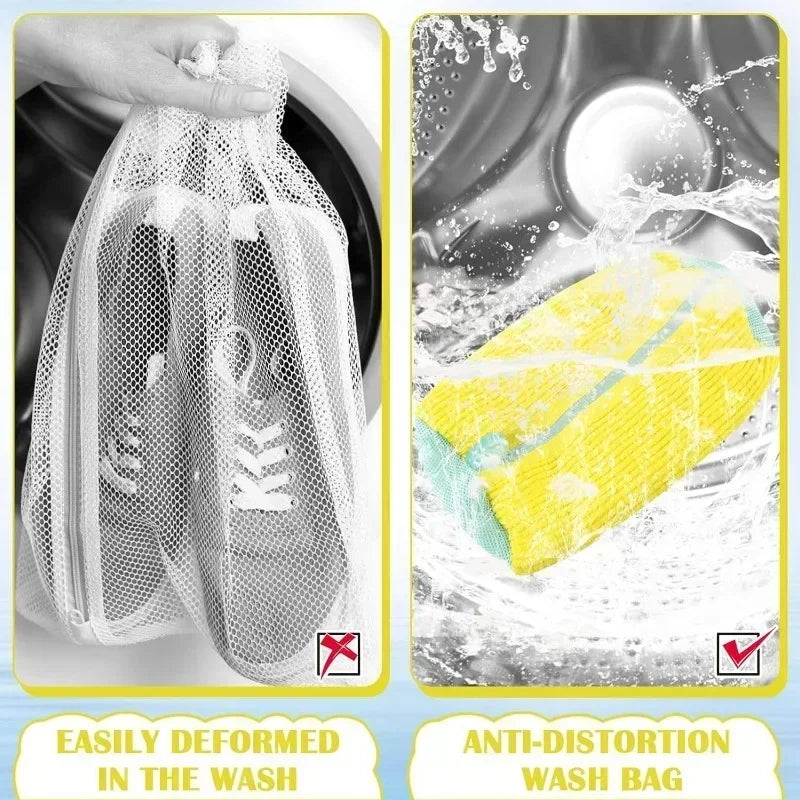 Mesh laundry bag for shoes with a checkmark, sponge cleaning tool with water splashes, and text indicating anti-distortion wash bag.