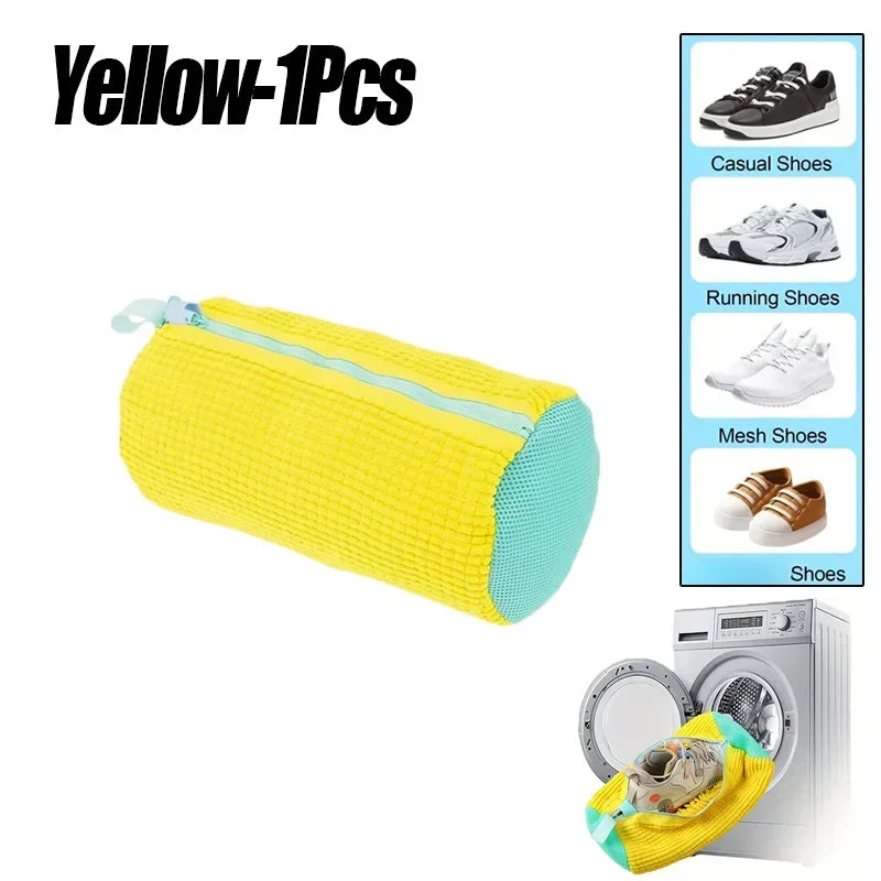 Yellow cleaning mat with teal border, washing machine, and shoe types inset on a white background