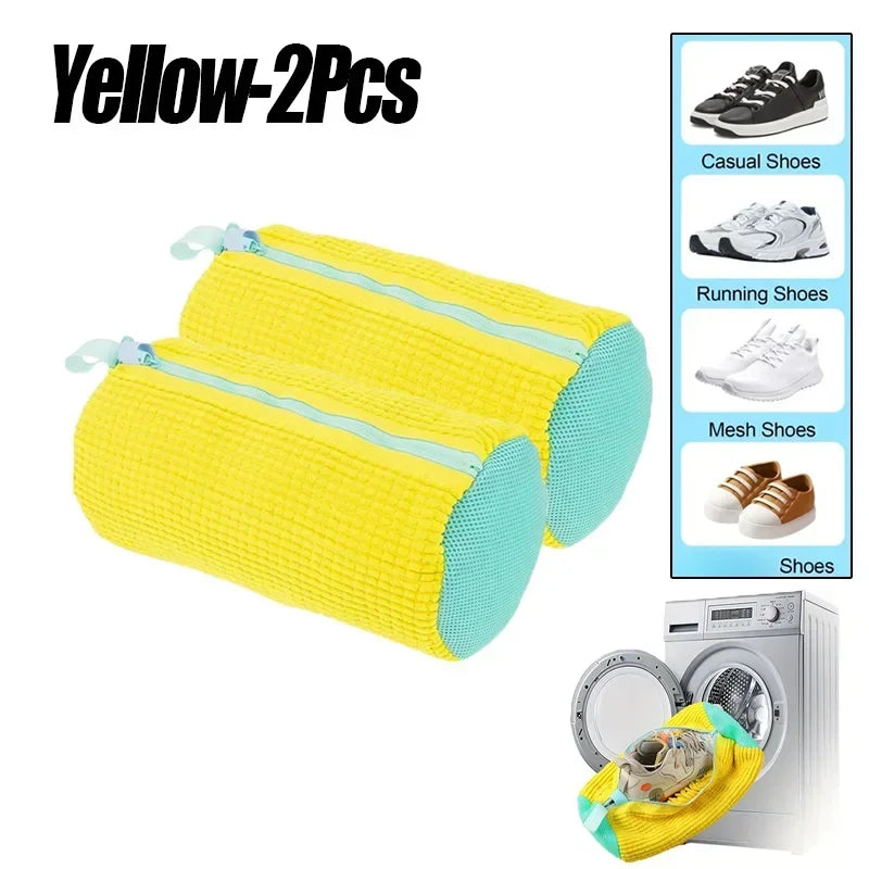 Two yellow shoe cleaning cloths with teal edges, shown with shoe types and a washing machine.