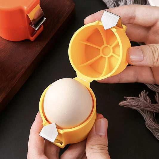 Yellow egg cracker holder with a white egg inside, held by hands on a dark surface.