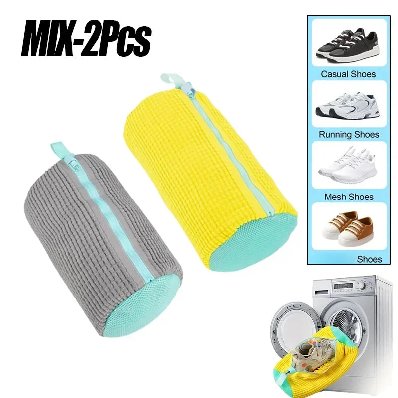Two shoe cleaning brushes, one yellow and one gray, with a dryer illustration and shoe types inset.