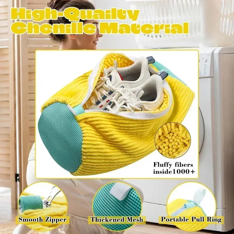 Yellow and green shoe bag with a shoe inside, featuring text about high-quality chenille material and product features.