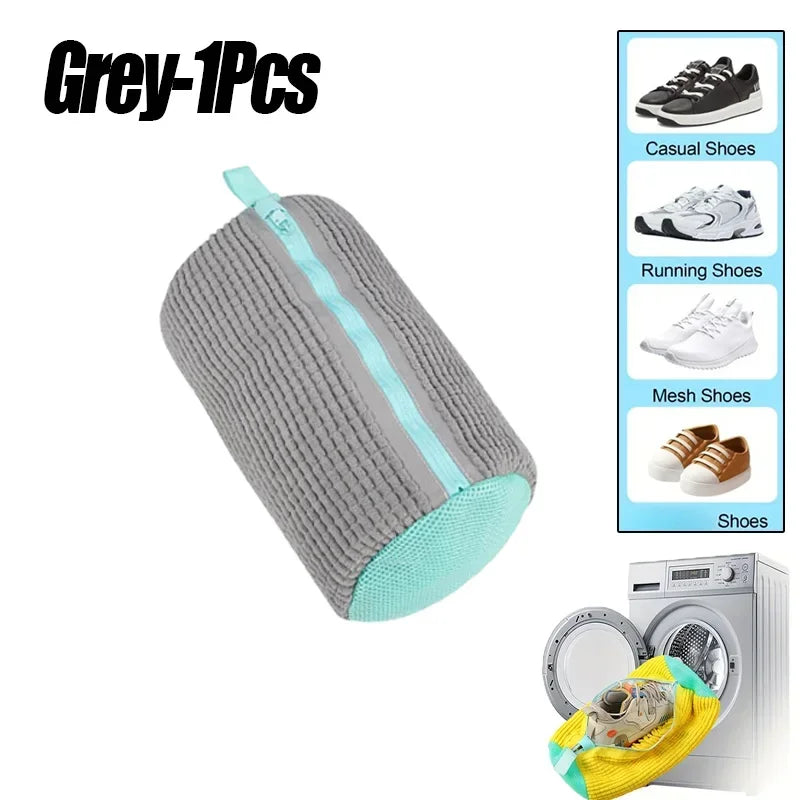 Gray shoe cleaning brush with teal handle on a white background, showing images of different types of shoes and a washing machine.
