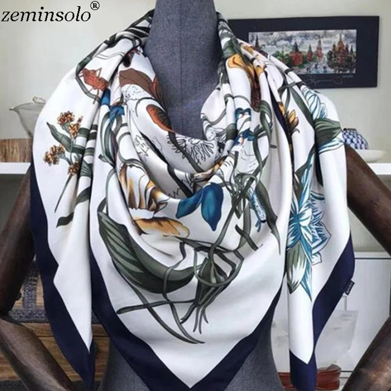 100% Silk Scarf for Women Large Shawls Floral Print 130x130cm