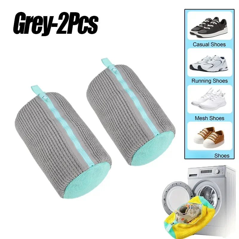 Two grey and teal shoe polish stones with a washing machine and shoes illustration on a white background.