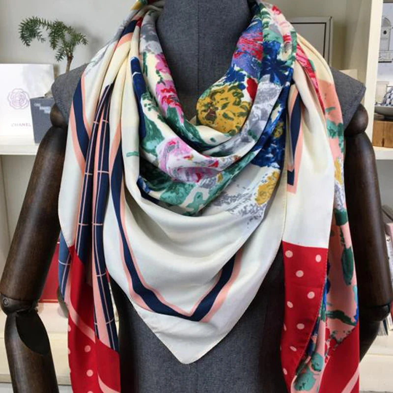100% Silk Scarf for Women Large Shawls Floral Print 130x130cm
