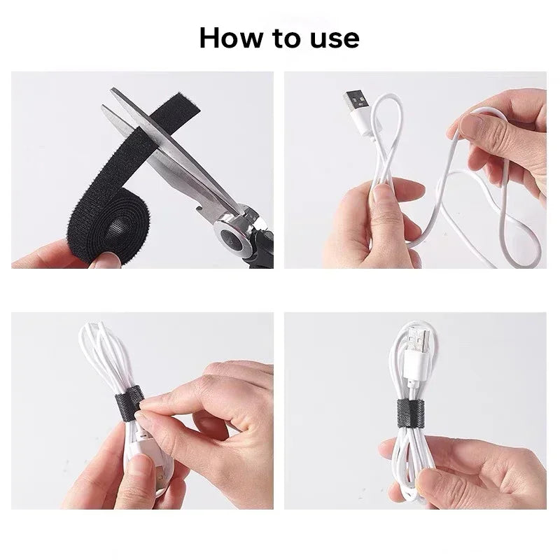 Step-by-step guide on how to use a cable tie with a USB cable.