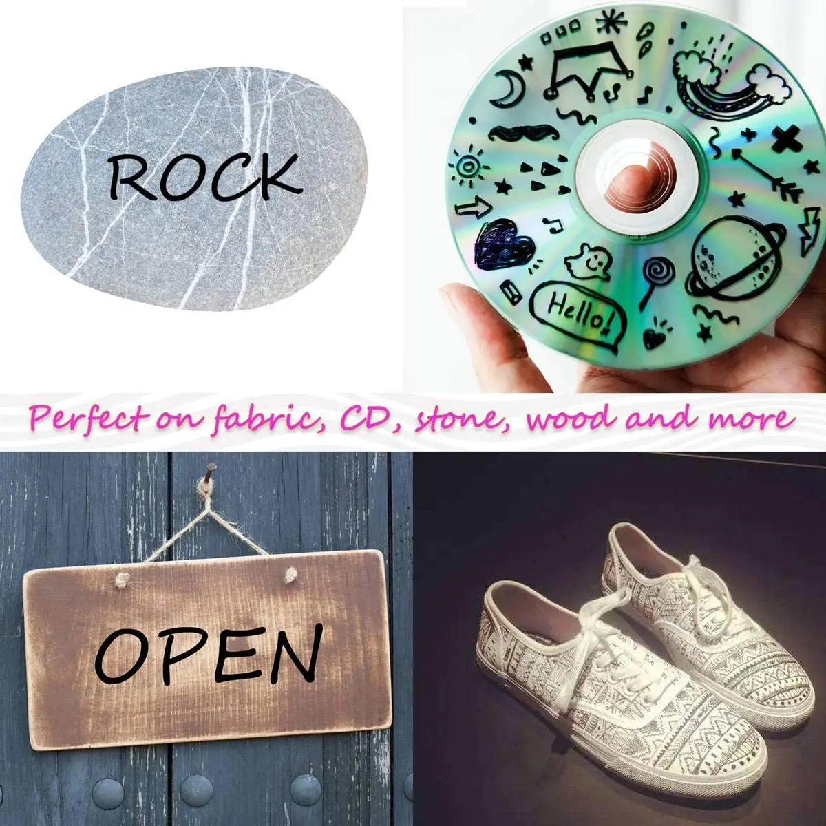 CD with doodles, hand holding CD, wooden sign with 'OPEN', and white shoes with patterns.