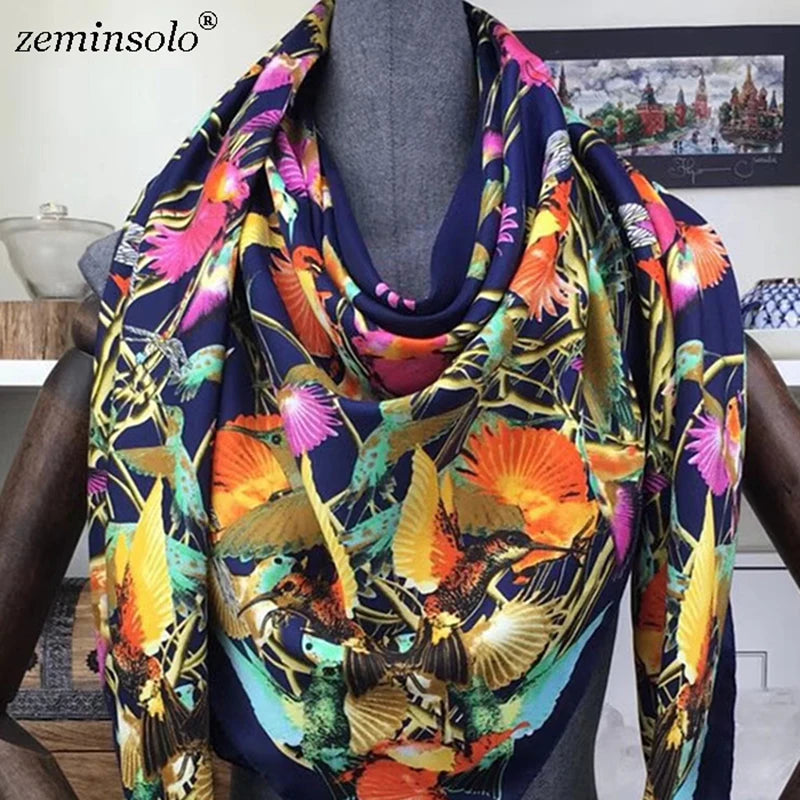 100% Silk Scarf for Women Large Shawls Floral Print 130x130cm