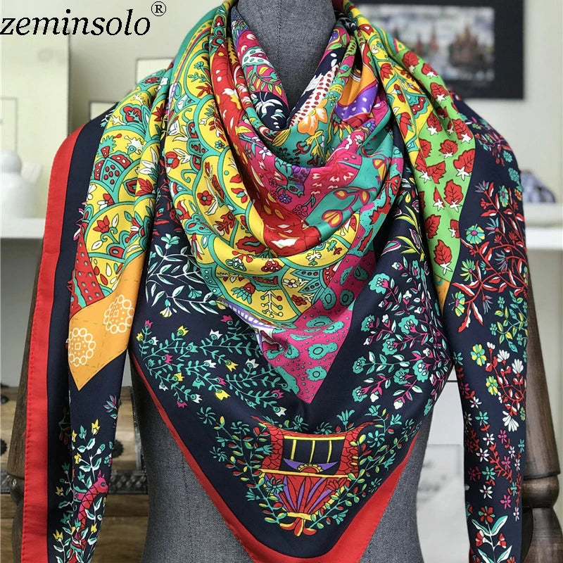 100% Silk Scarf for Women Large Shawls Floral Print 130x130cm