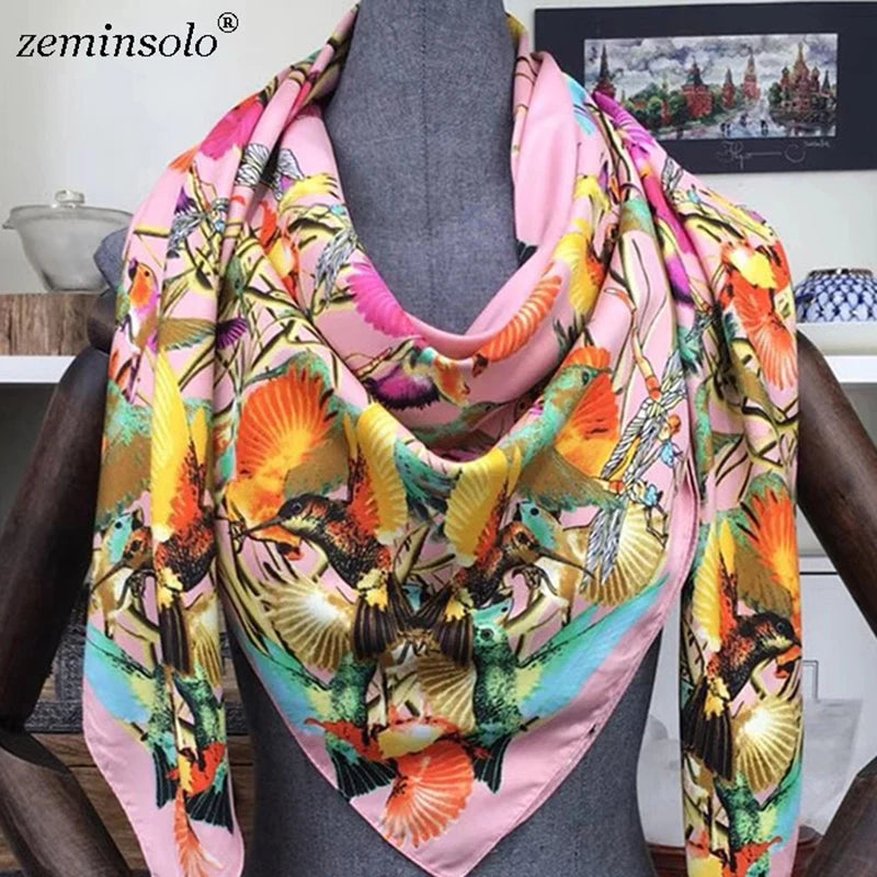 100% Silk Scarf for Women Large Shawls Floral Print 130x130cm