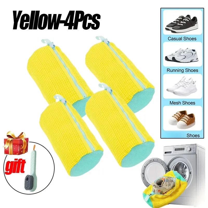 Yellow shoe polish applicators with turquoise tips, gift icon, and washing machine illustration on a white background.