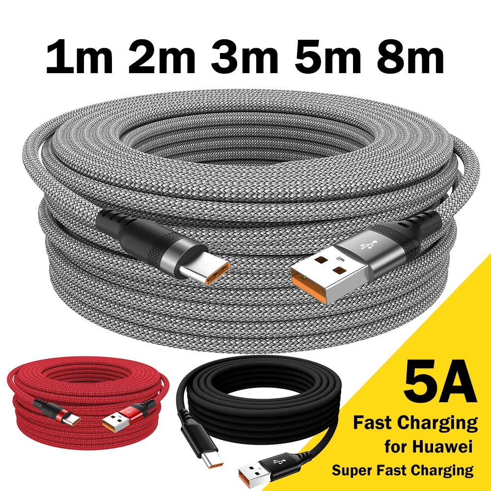 USB Type-C Cable 5A Super Fast Charging and Data Sync – 3m / 5m / 8m Extension Cable Universal