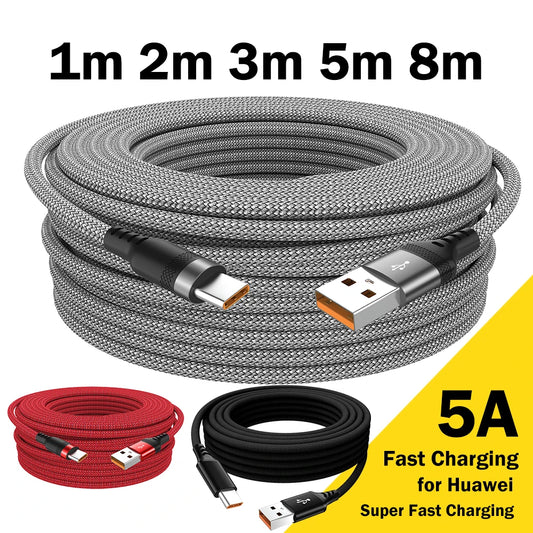 USB Type-C Cable 5A Super Fast Charging and Data Sync – 3m / 5m / 8m Extension Cable Universal