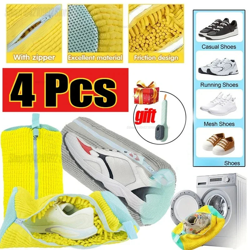 Yellow shoe cleaning bags with text on material, design, and product types, featuring a shoe and dryer illustration.
