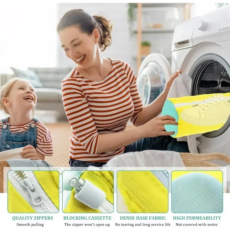 Woman and child with laundry basket in front of washing machine, with product features displayed below.