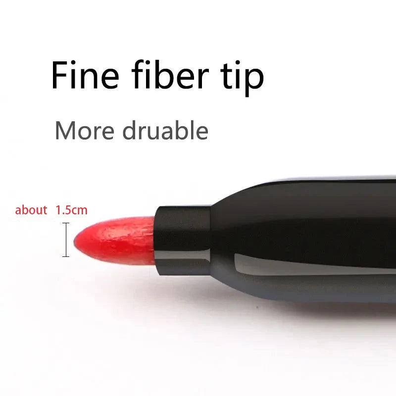Black marker with red fiber tip on a white background, labeled 'Fine fiber tip' and 'More durable'.